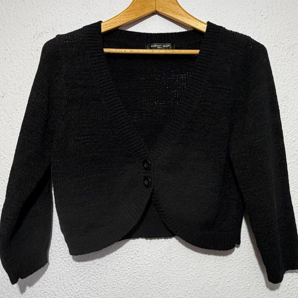 August Silk Sweater Black Cropped Cardigan Womens Classic Minimalist Large